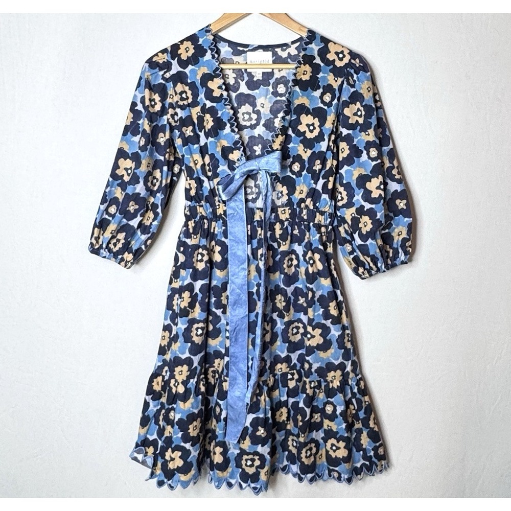 Mari Gold Floral Dress XS Cut Out Tie Front 3/4 Balloon Ruffle Cotton Cottage‎